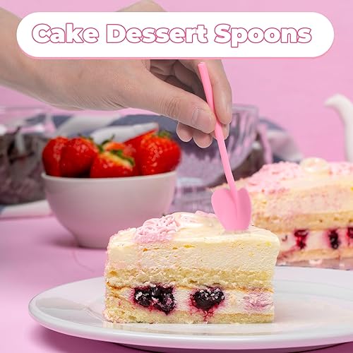 Miniatura 6 de VEIREN 100 cucharas de plástico desechables en forma de corazón envueltas individualmente, degustación de muestras para servir postre para pasteles,