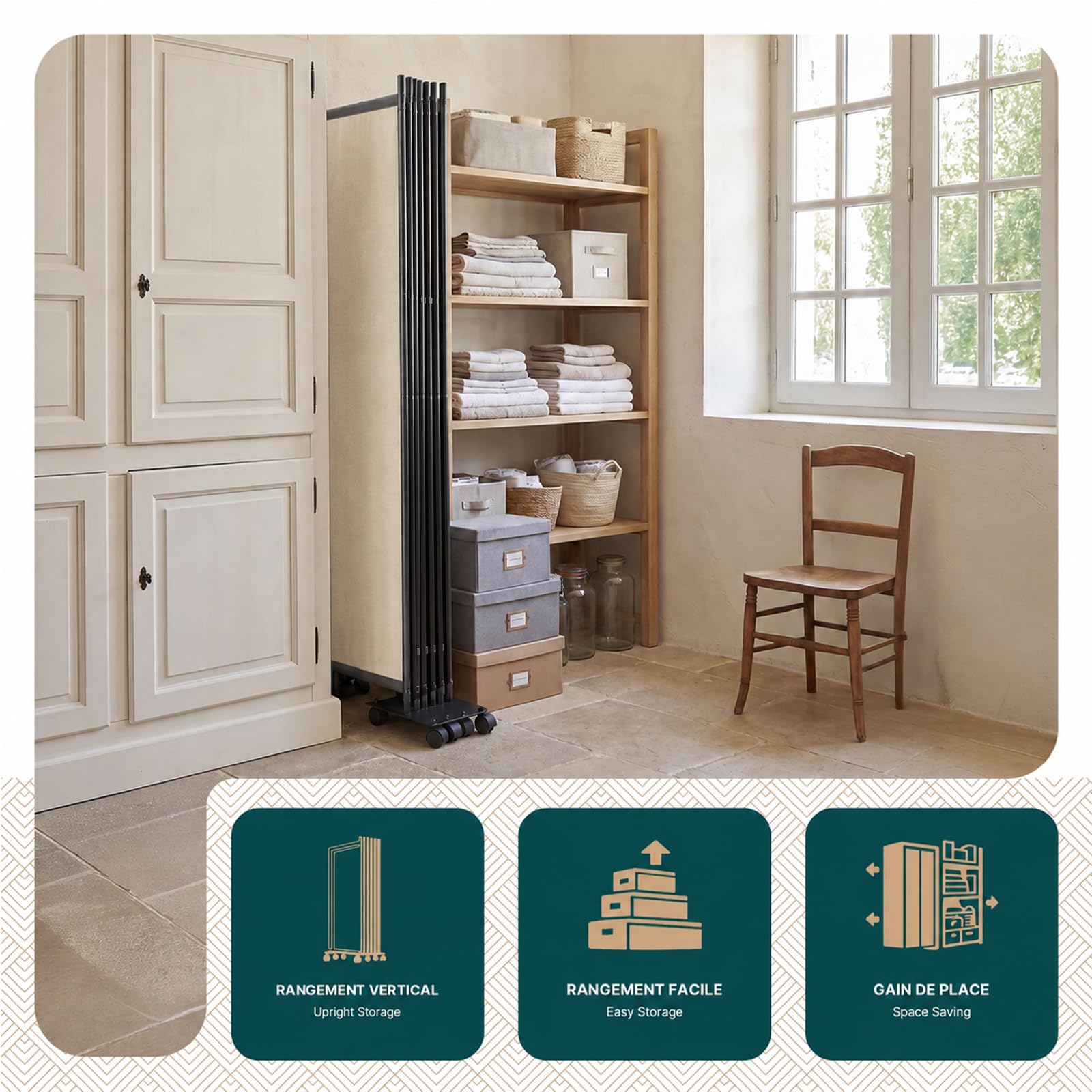 VOUNOT® Biombo Separador Plegable 6 Paneles Separador de Ambientes con Ruedas 340x30x171 cm Pantalla Privacidad Tela Poliéster Marco Metal Divisor de Habitación para Oficina Dormitorio Interior Beige