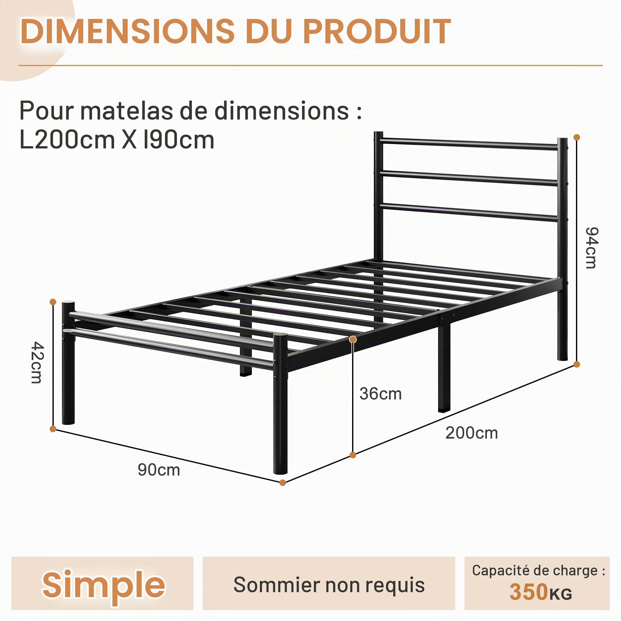 Yicensen Cadre de Lit Simple 90 x 200 cm avec Tête et Pied de Métal