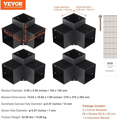 Miniatura 7 de VEVOR Kit de soporte para pérgola de 6 x 6 pulgadas (tamaño interior 5.6 x 5.6), 4 piezas de soporte de esquina resistente de 3 vías, kit de base