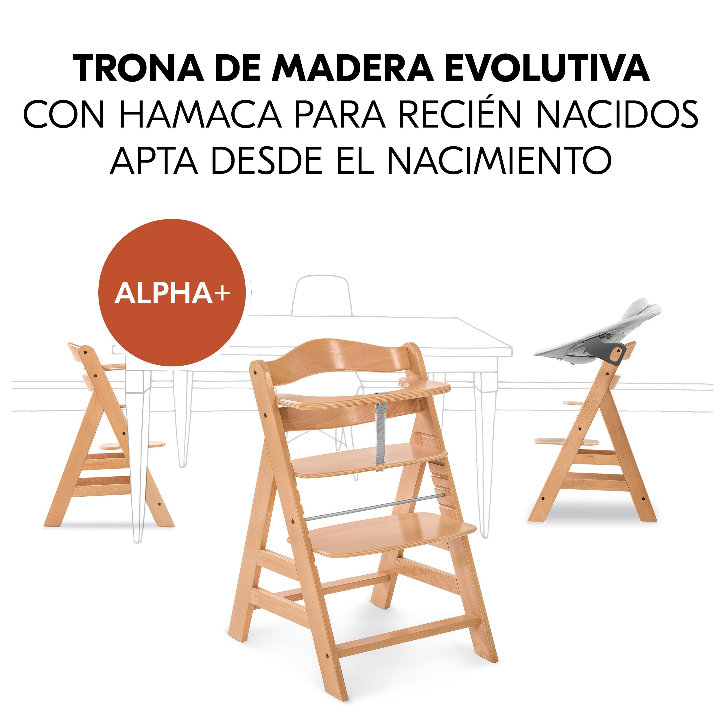 hauck Alpha Plus Set Trona Bebé con Bouncer Premium - Natural | Trona evolutiva de madera hasta 90 kg | hamaca reclinable recién nacidos, cojín algodón y arnés 5 puntos