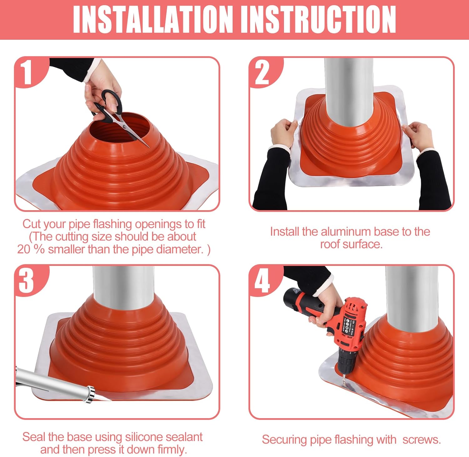 High Temp Silicone Chimney Boot for Metal Roof Vent Pipes, #7 Roof Pipe Flashing Boot Fits Pipe OD 6" to 11", Endurable Metal Square Base, Red Flexible Jack Pipe Flashing