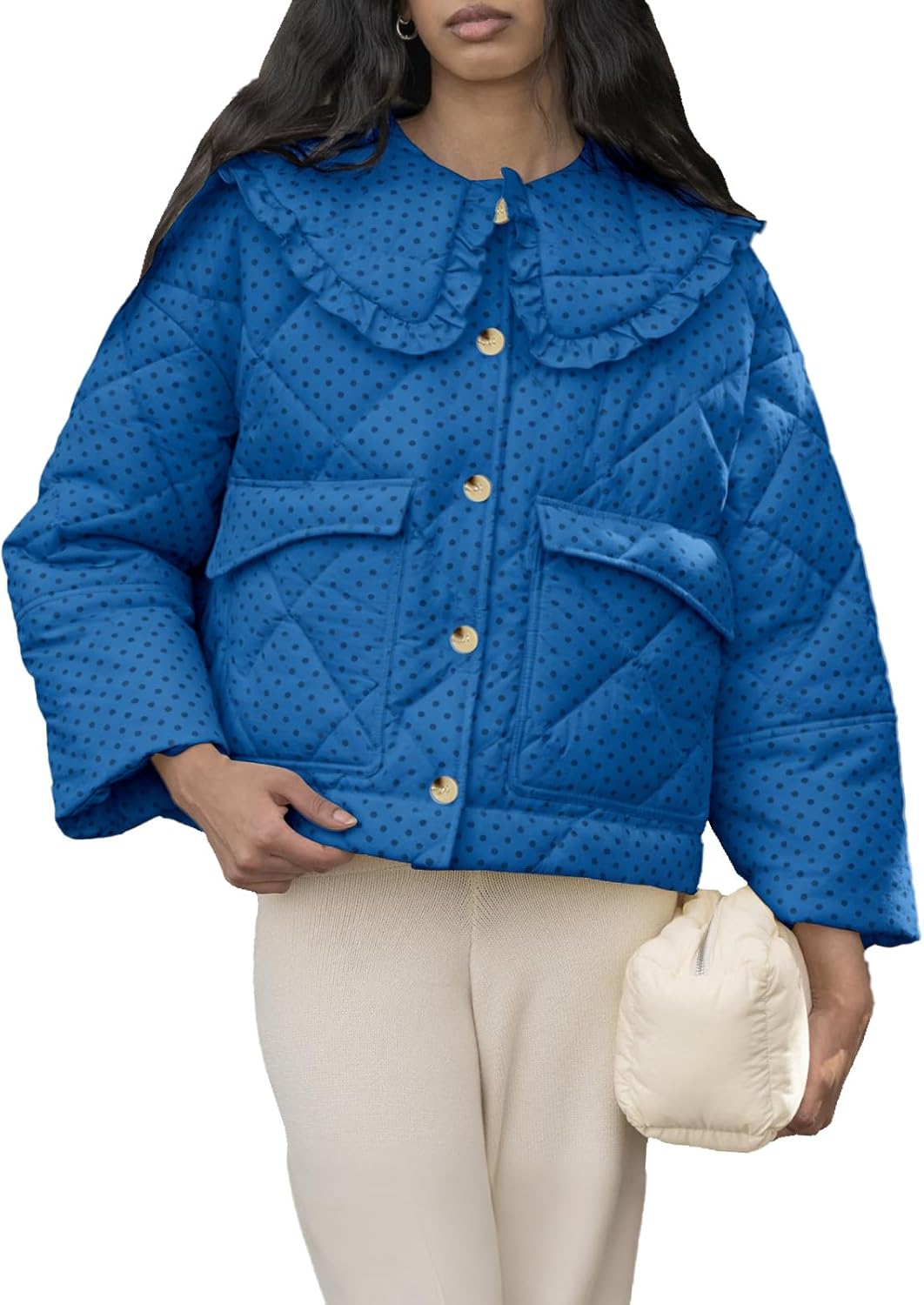 Womens Cropped Quilted Puffer Jackets Frilly Peter Pan Collar Button Down Lightweight Cream Cute Padded Coats