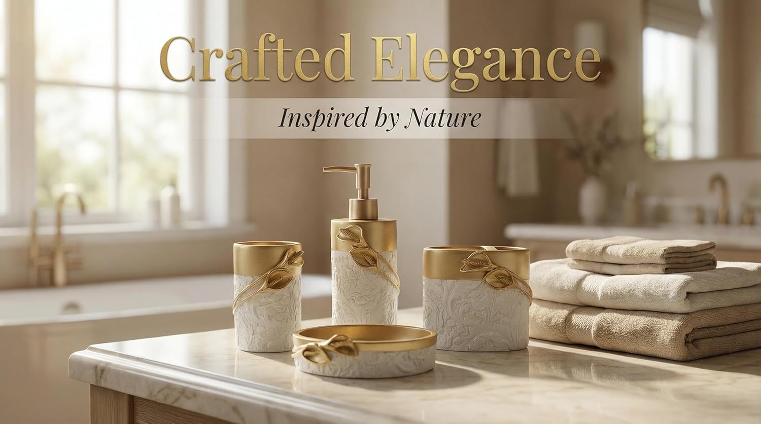 Hymmah Bathroom Accessories Set,Golden Design Toothbrush Holder,Farmhouse Bathroom Decor,4 Pcs Resin Gift Set Apartment Necessities, Contain Toothbrush Cup,Soap Dispenser,Soap Dish,Tumbler