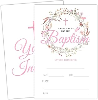 ukebobo Floral Baptism Invitation, Baptism Invitations for Girls, Religious Christening Ceremony Celebration Invites, 25 Fill In Style Invitations with Envelope, Party Decorations-TB661