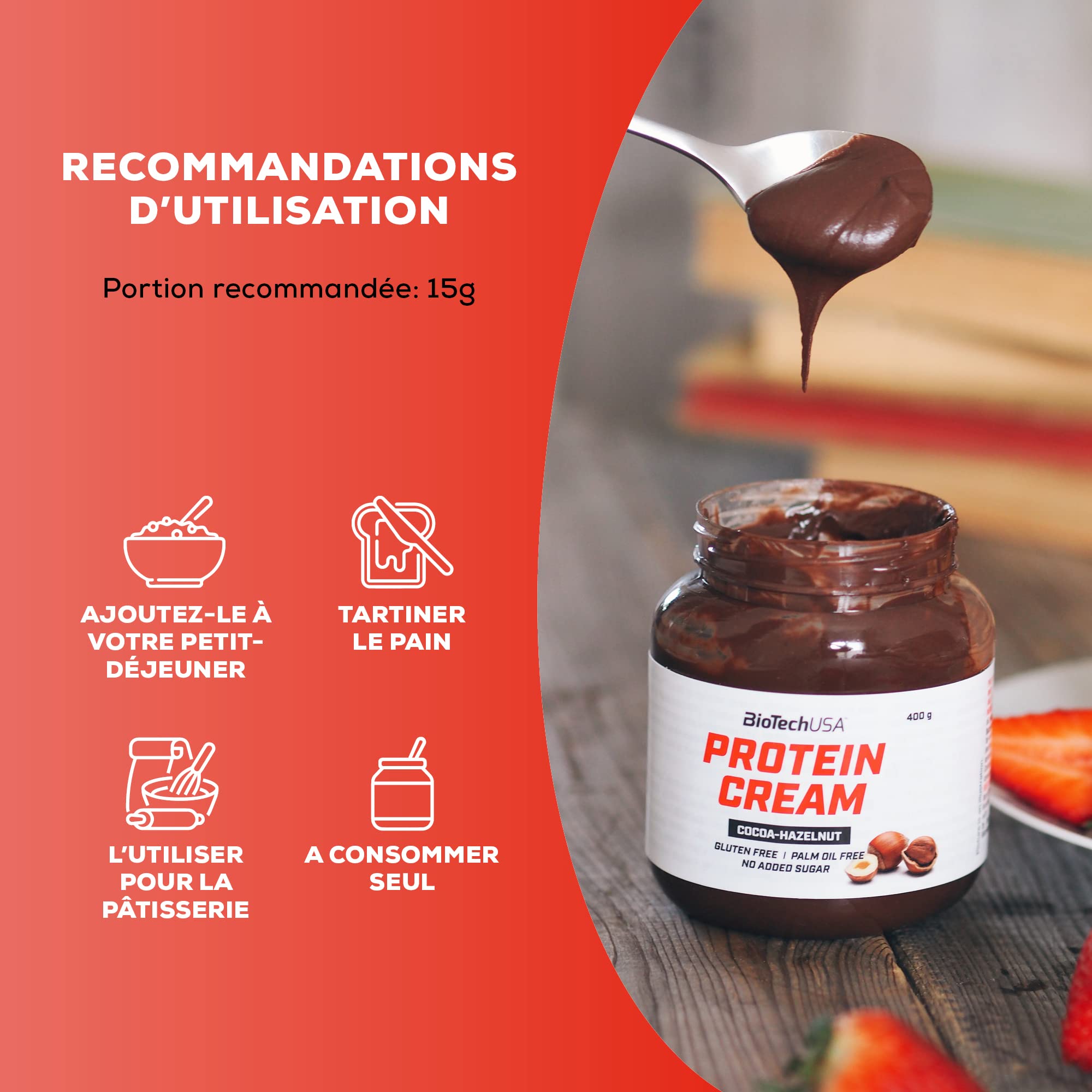 BioTechUSA Protein Cream | Riche en protéines | Tartinade de cacao et de noisettes | Sans gluten | Sans huile de palme, 400 g, Cacao-noisettes