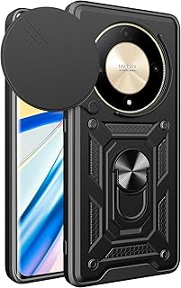 جراب خلفي متوافق مع هونر X9a 5G / ماجيك 5 لايت غطاء منزلق للكاميرا وحامل حلقي مدمج مضاد للصدمات لهونر لايت/هونر X9a 5g أسود بلاستيك سيليكون