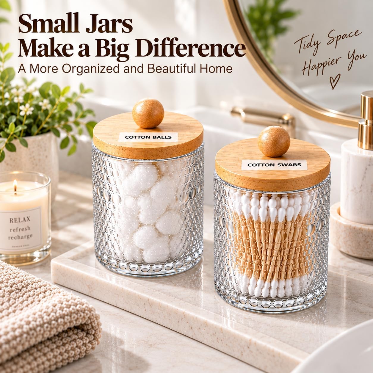 2 Pack Textured Glass Qtip Holder Dispenser with Bamboo Lid