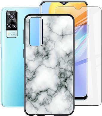 Phone case for Vivo Y31 2021 6.58" with 1 Tempered Glass Screen Protector, Ultra-Thin Black Soft Silicone TPU Bumper Cover Shell, Full Protection Against Shock and Scratch - WM73