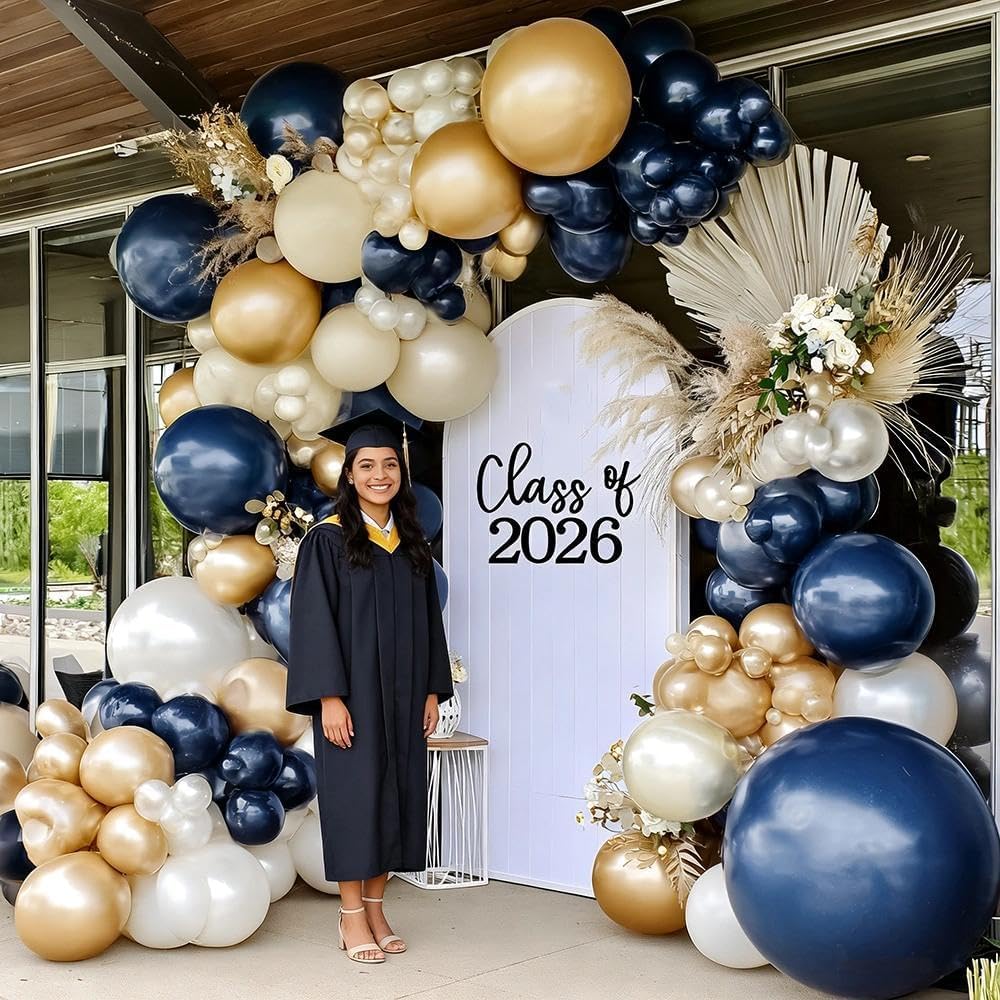 Navy Blue White Balloons Double Stuffed Dark Royal Blue White Gold Balloons Pearl Sand Balloon Garland Arch Kit for Birthday Baby Shower Father's Day Wedding Graduation Party Decorations