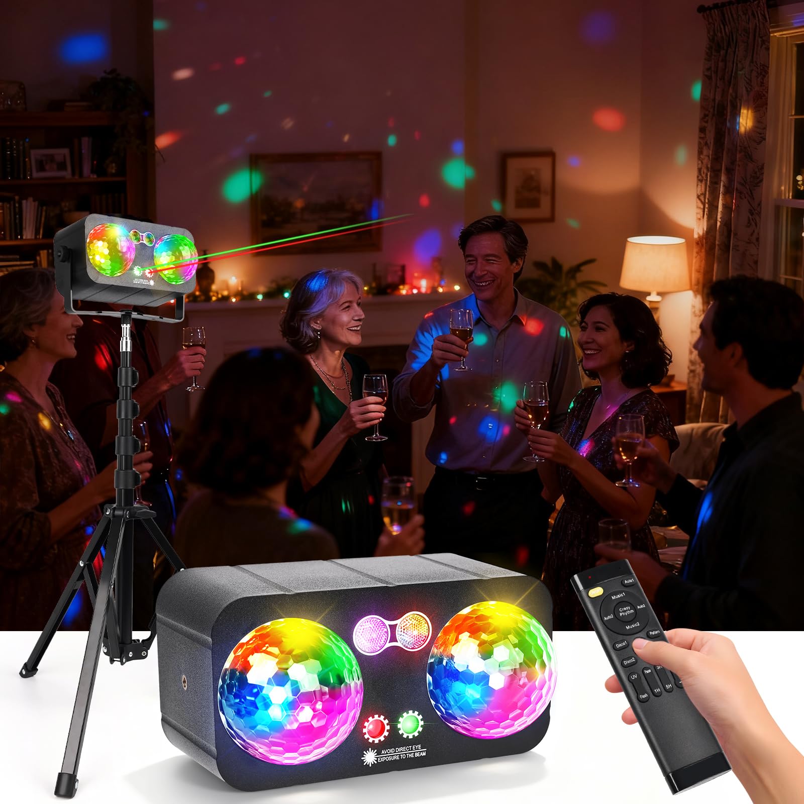 Lumières Disco 6 en 1 avec Trépied, Jeu de Lumière Disco avec 2 Boules Disco Lumière DJ RGB Activée par Musique, Effet Stroboscopique, Lampe de Scène pour Fête, Mariage, Soirée DJ, Noël et Halloween
