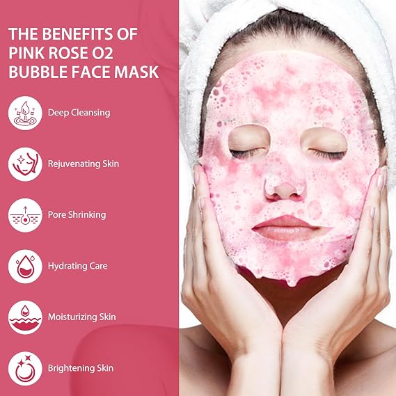 IREV Pack of 10 Pink Rose O2 Bubble Face Masks Skincare, Spa Presents for Women, Bubble Face Sheet Mask Cleaner Foaming Purifying Facial Mask for Acne and Pores Moisturizing Beauty Sheet Masks