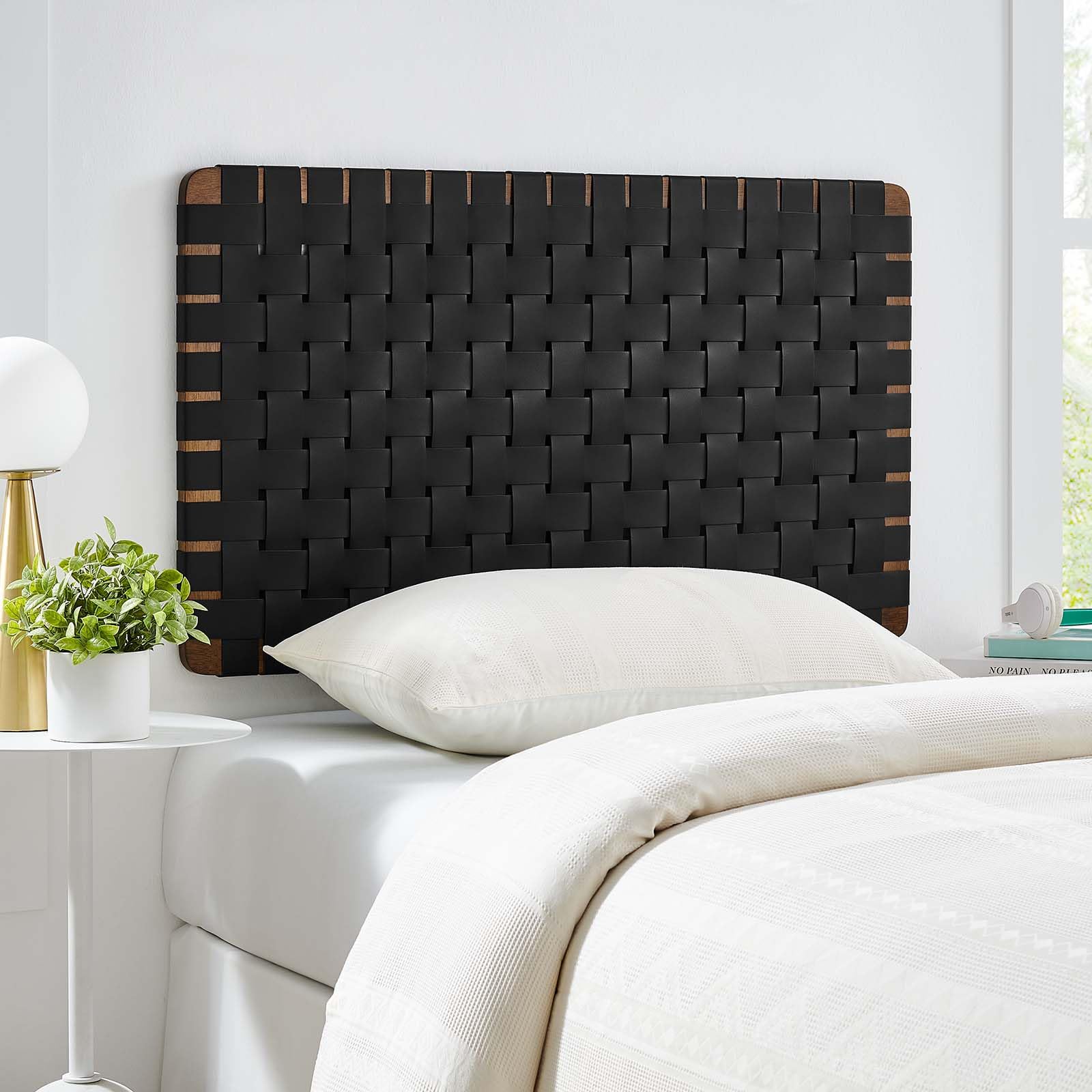 Modway Sparta Vegan Leather Weave Twin Headboard in Walnut Black, Faux Leather Twin Headboard Only with Wall Mount Design for Children's Bedroom, College Dorm, or Guest Room