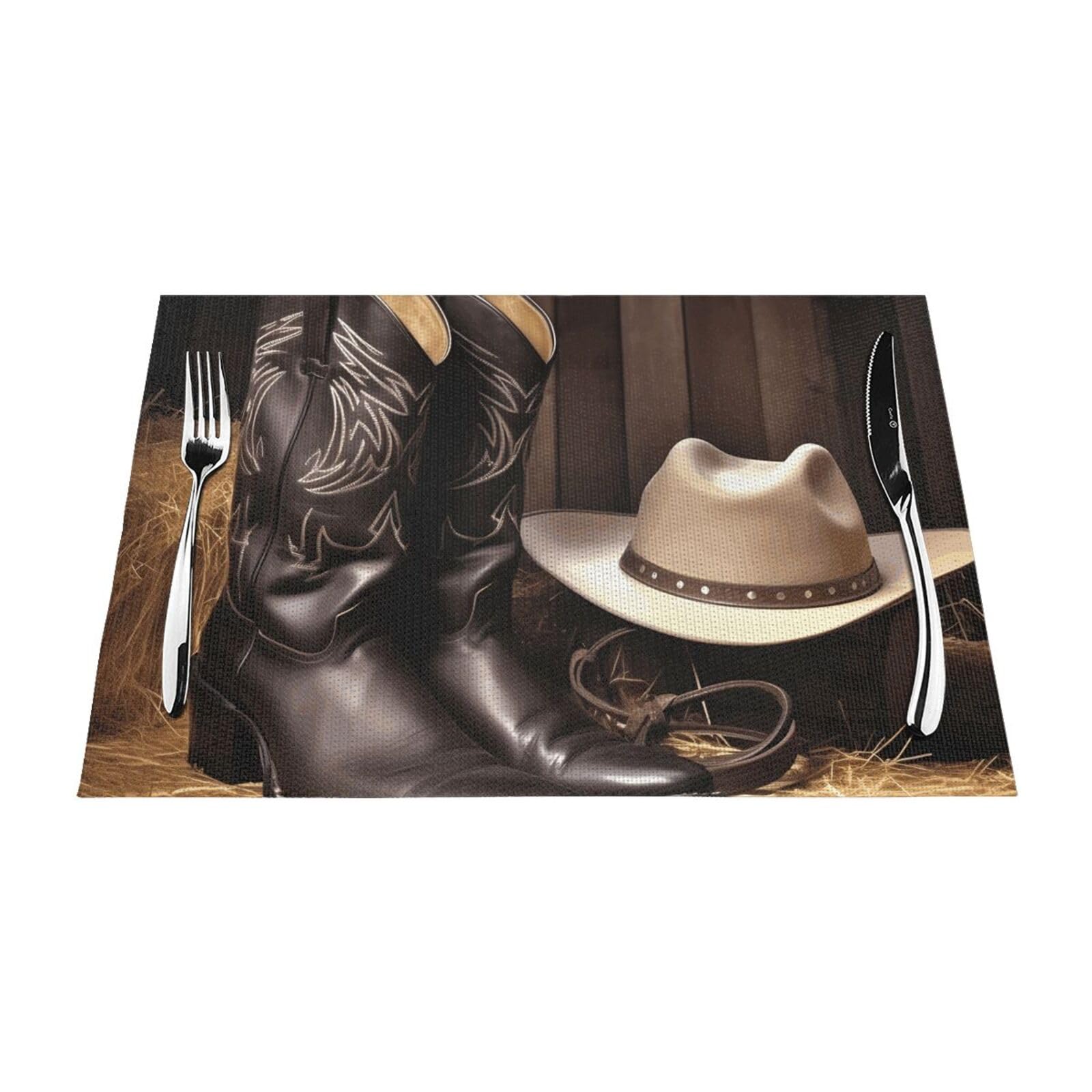 Placemats Set of 1 PC Heat Resistant Non-Slip Place Mats for Dining Table Cowboy Black Hat Western Boots Placemats Wipeable Washable PVC Weave Table Mats for Party Kitchen Dining Decor