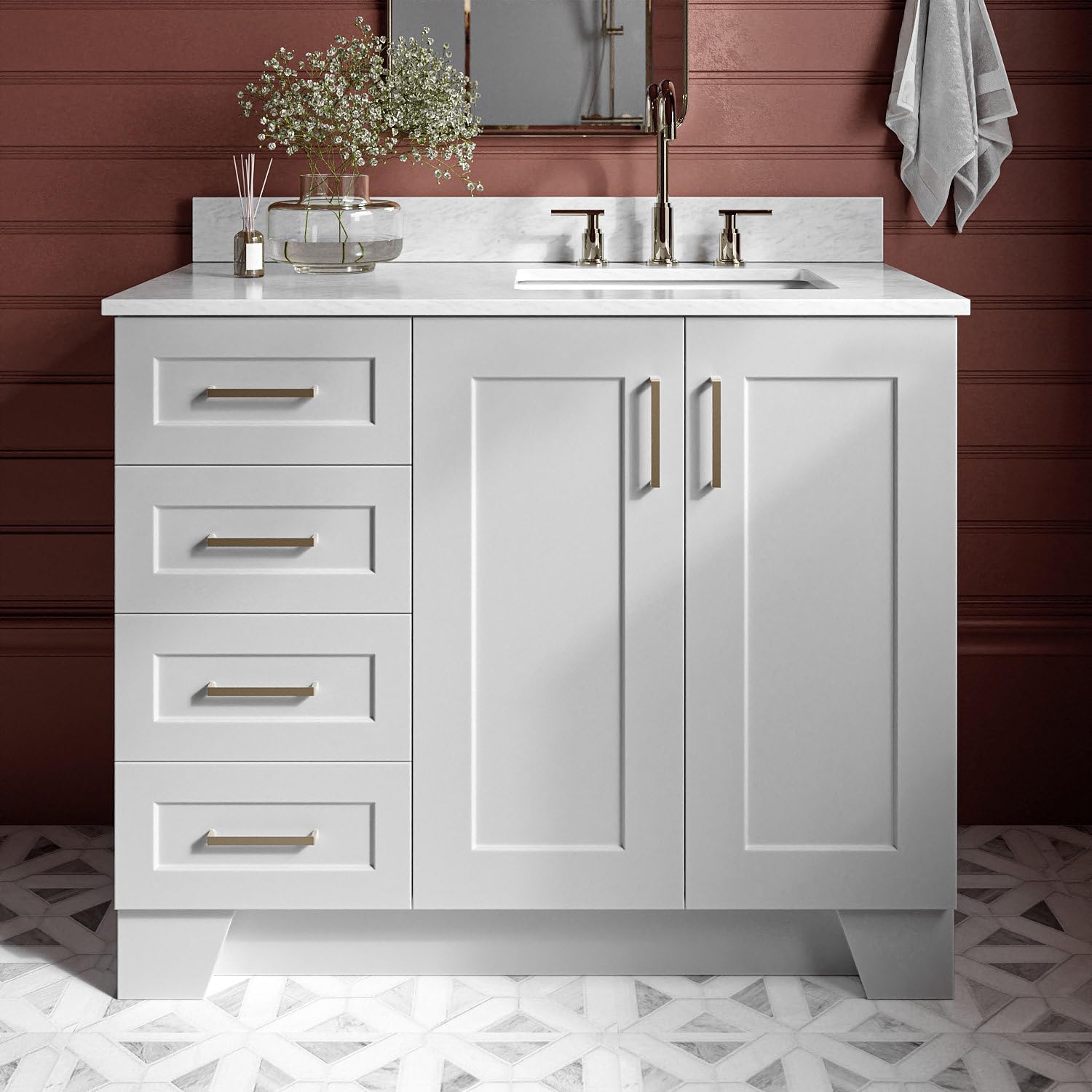 ARIEL Taylor 42-inch Bathroom Vanity with Sink,Solid Wood, 0.75-inch Italian Carrara Marble Countertop, Single Rectangular Porcelain Sink, 2 Soft Closing Doors, 5 Dovetail Drawers, Grey