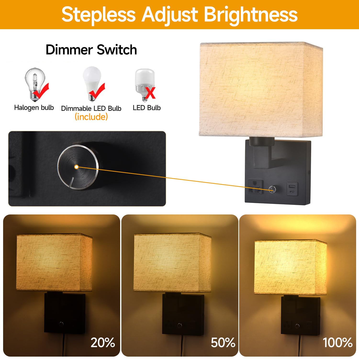 Lampa ścienowa do sypialni, lampa ścienowa do podłączenia - Przełącznik z regulacją jasności z gniazdem sieciowym i portem USB - Abażur z tkaniny - Czarna lampa ścienowa do salonu