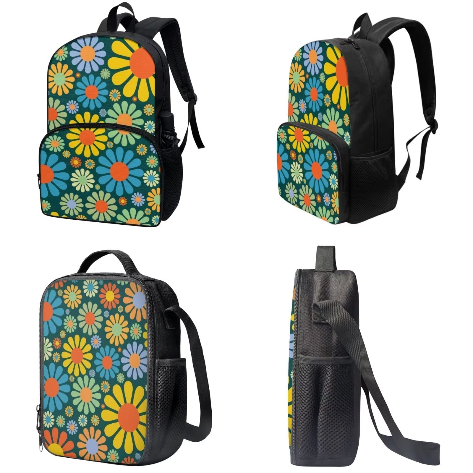 Poceacles Schultasche und Lunchbox-Set für Teenager, Jungen, Grundschule, Büchertasche, Federmäppchen für Grundschulkinder, Hippie-Blumen, Einheitsgröße