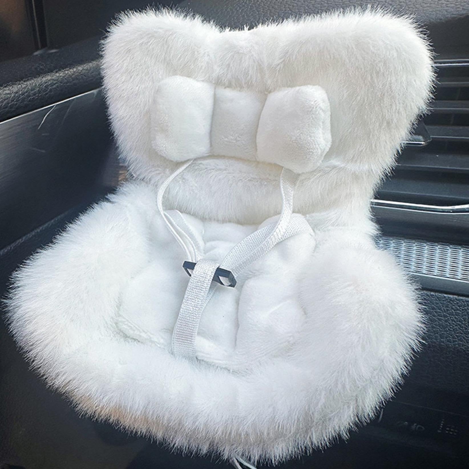 Car Seat with Air Vent Clip and Desktop Stand, Doll Car Seat with Soft Furry Cushion Seat, Cute and Functional Car Ornament for Collectors & Doll Fans (White)