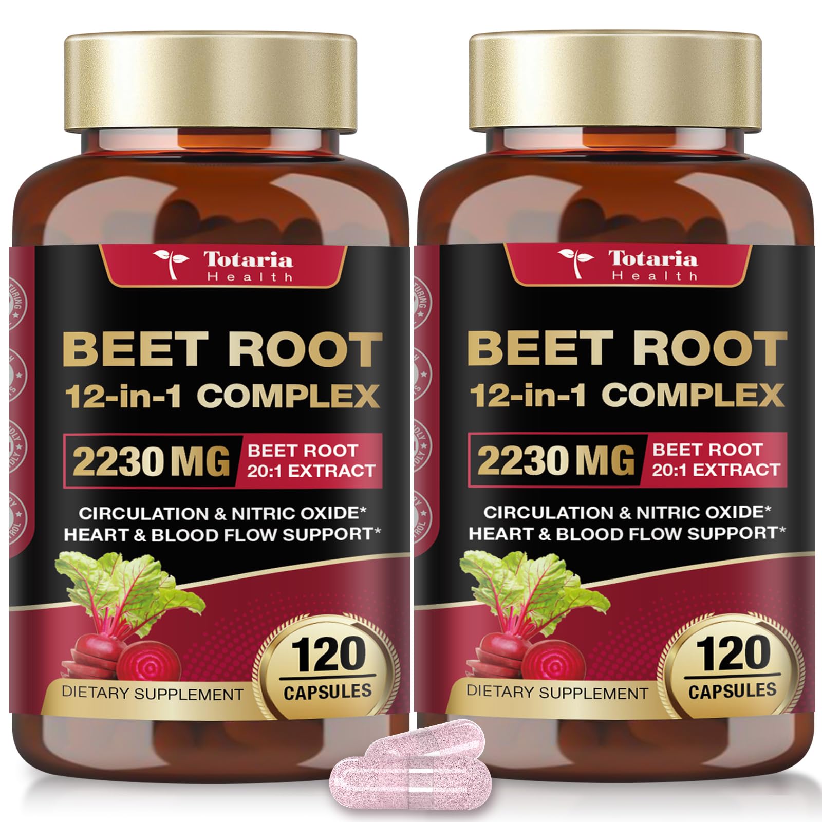Totaria (2 Packs) Beetroot Capsules 2230mg Support Blood Pressure & Heart Health, Nitric Oxide Supplement with Grape Seed, Hawthorn, Garlic & CoQ10, Blood Flow Beet Root Powder 120 Count (Pack of 2)