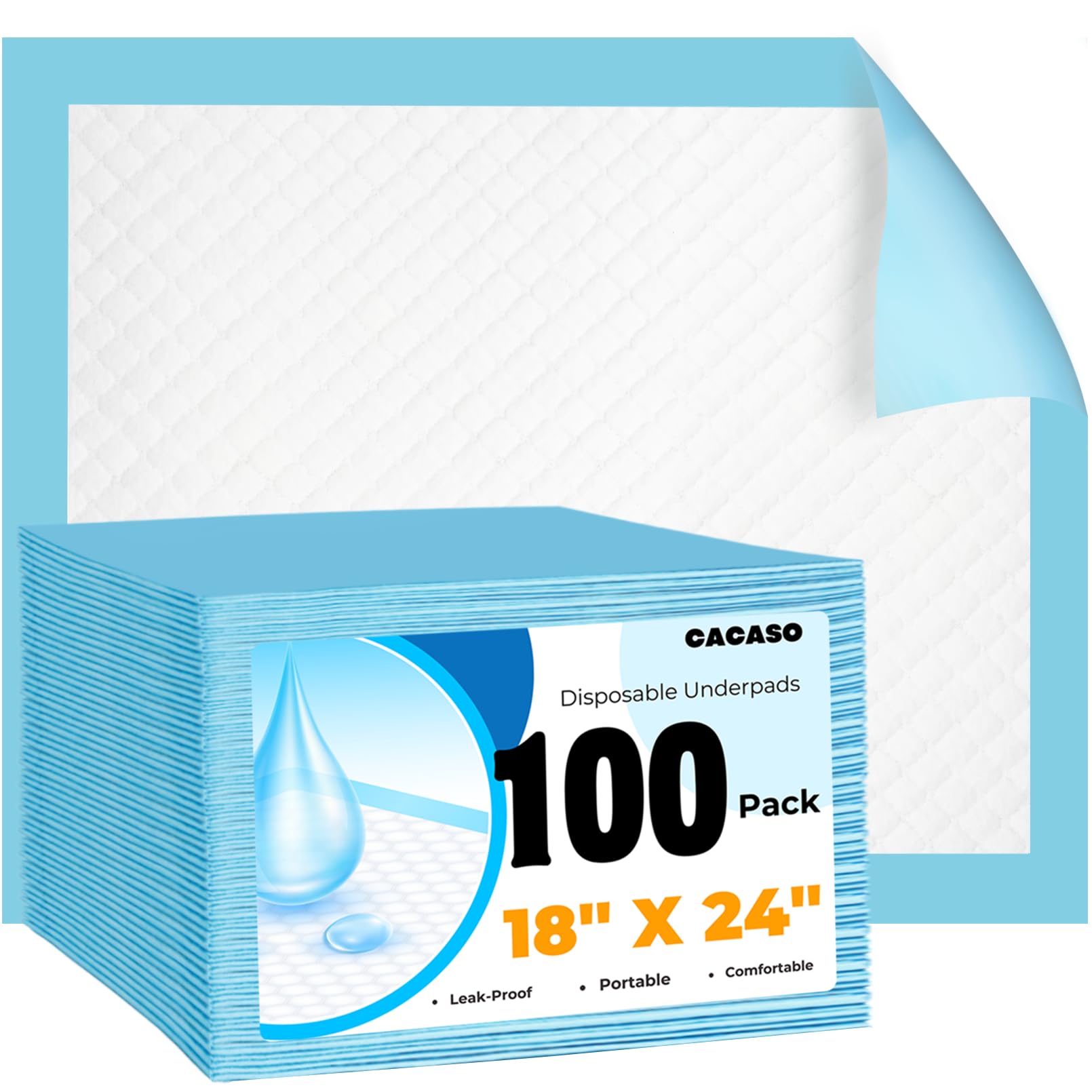 CACASO 100 Pack Disposable Changing Pads,18 in x24 in Baby Disposable Underpads,Absorbent Incontinence Pee Pad,Waterproof,Leak Proof Underpad Mat for Elderly,Adults,Kids,Baby Protection