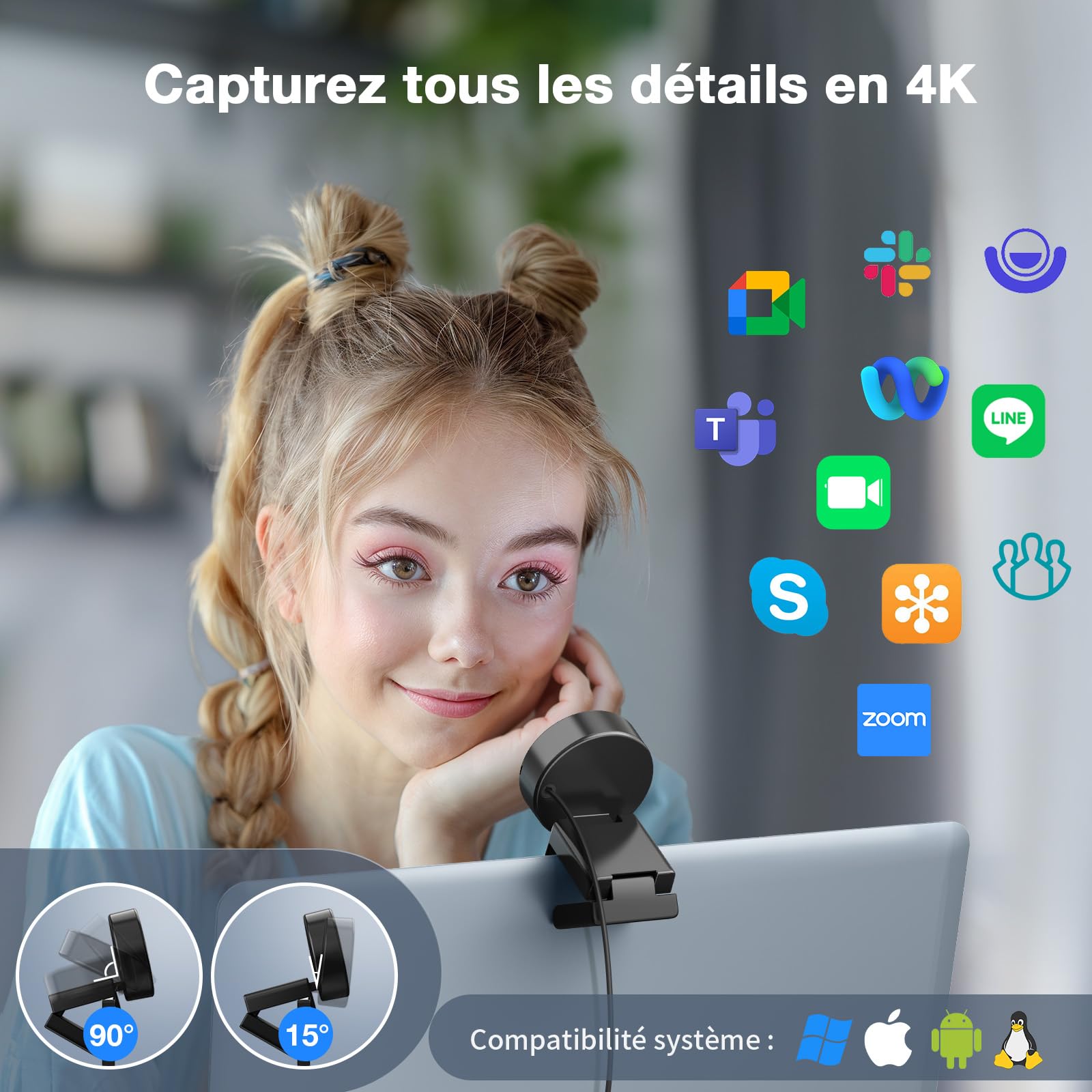 eMeet C950 4K Webcam PC, 4K UHD 8MP, PDAF Autofocus, Microphone Suppression Bruit, 1080P@60FPS, USB 2.0