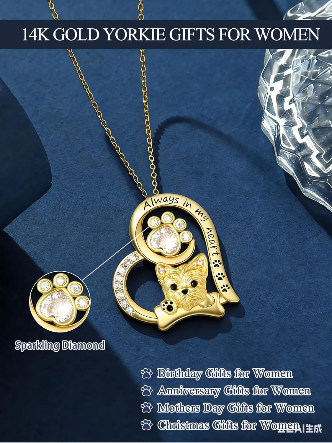 14K Gold Dog Breed Paw Print Necklace For Women Simulated Diamond Paw Heart Pendant Necklace Memorial Jewelry Gift For Dog Mom Lovers Birthday Valentine's Mother's Day Christmas - Image 2