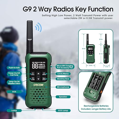 Miniatura 7 de Walkie Talkies para adultos de largo alcance, radios bidireccionales, impermeable IP67, FRS, VOX manos libres, alerta meteorológica NOAA, 22