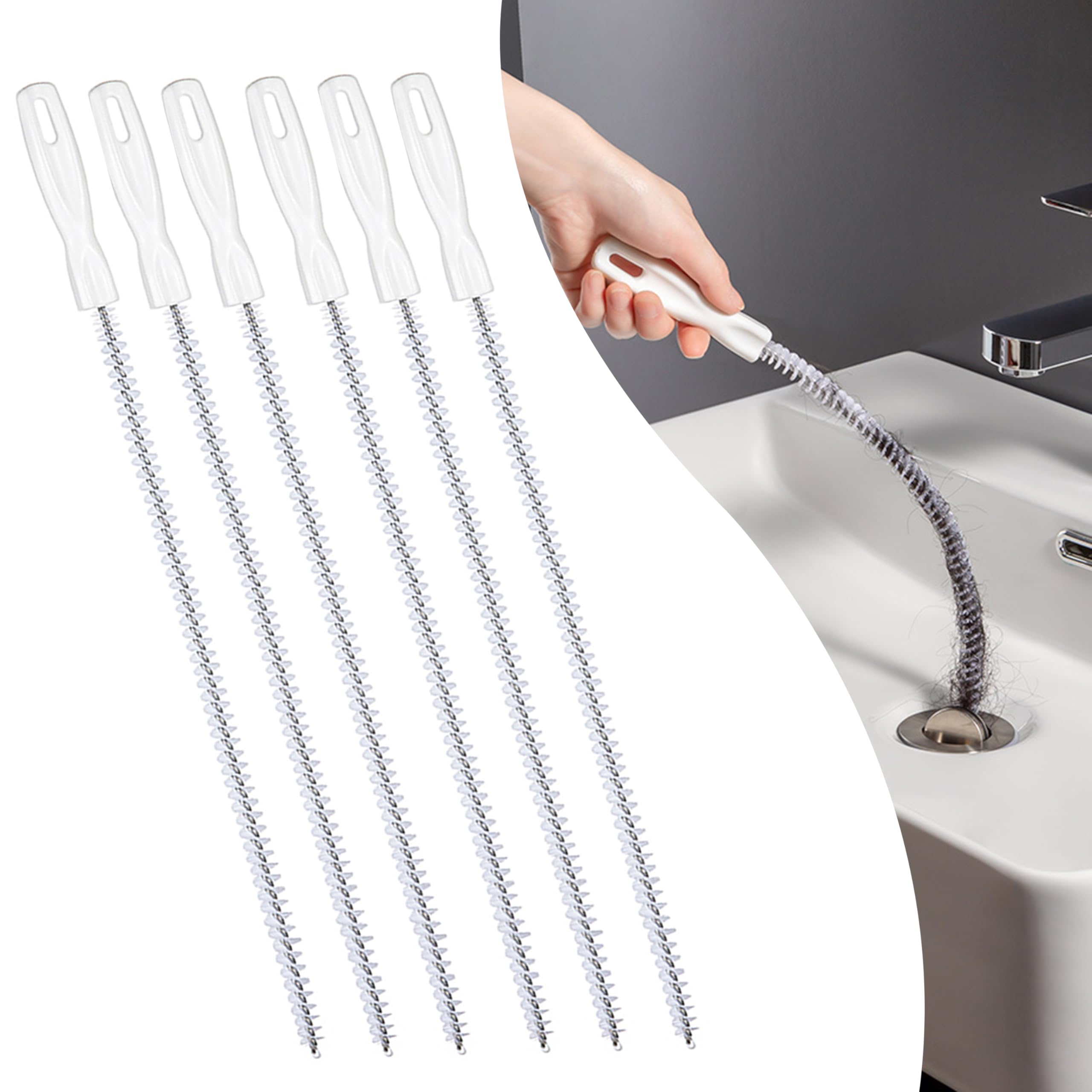 Pack de 6 Cepillos Limpiadores de Desagüe 45 cm, Cepillos Flexibles para Tuberías con Acero Inoxidable y Nailon, Cepillo para Fregadero, Lavabo, Bañera y Rebosadero (6 Paquetes)