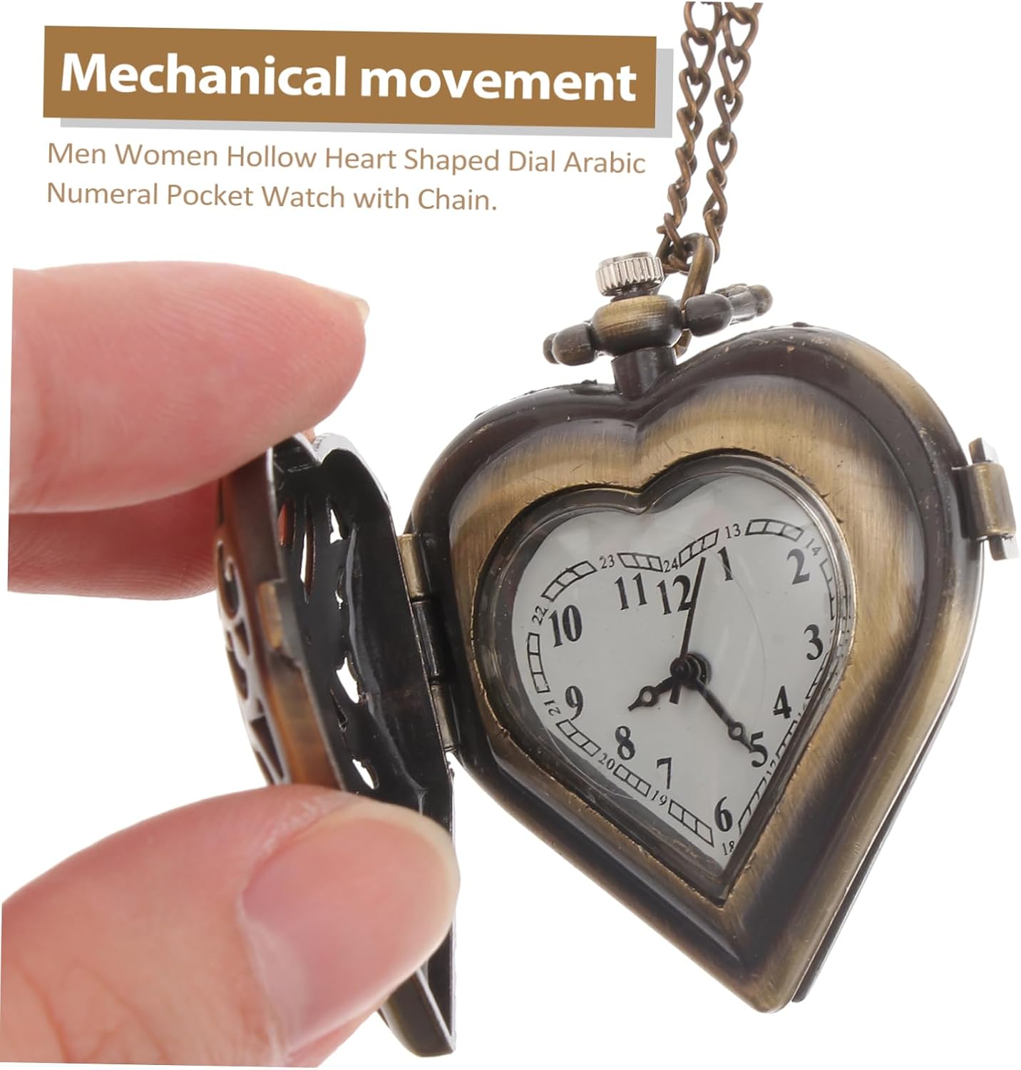 BESPORTBLE Vintage Bronze Heart Shaped Pocket Watch with Arabic Numerals Mechanical Movement Metal Case for Men and Women Removable Chain for Convenient Carry