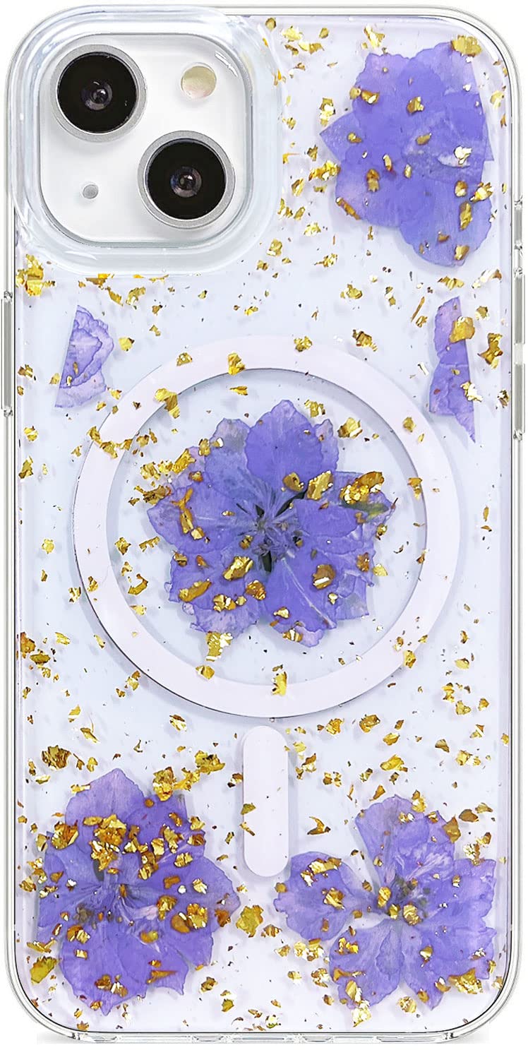 Abbery Magnetic Case for iPhone 13/iPhone 14 6.1 inch Compatible with MagSafe Cute Clear with Design Sparkle Real Dried Pressed Flower Floral Women