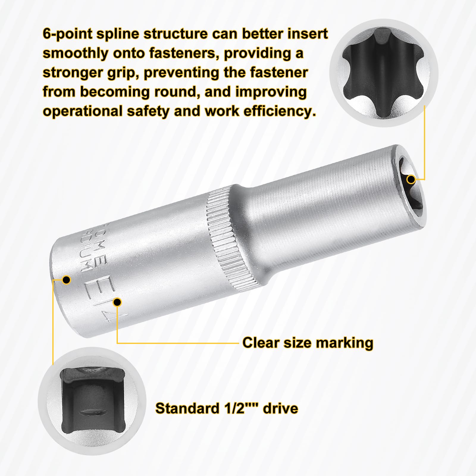 HARFINGTON 3 llaves de vaso E-Torx de 1,27 cm E14 Torx externo, enchufe profundo CR-V de 6 puntos, enchufe de estrella hembra para reparaciones de automóviles, mantenimiento del hogar, fabricación a