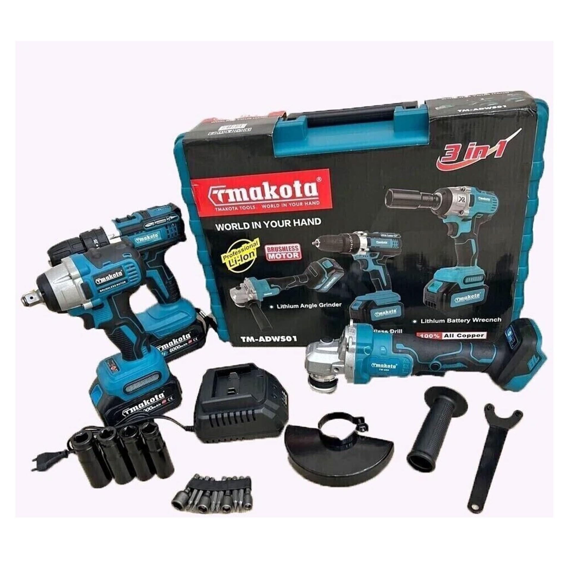 Kit 3 in 1 Trapano Avvitatore + Avvitatore a Impulsi + Smerigliatrice a Batteria e comoda valigetta in plastica resistente