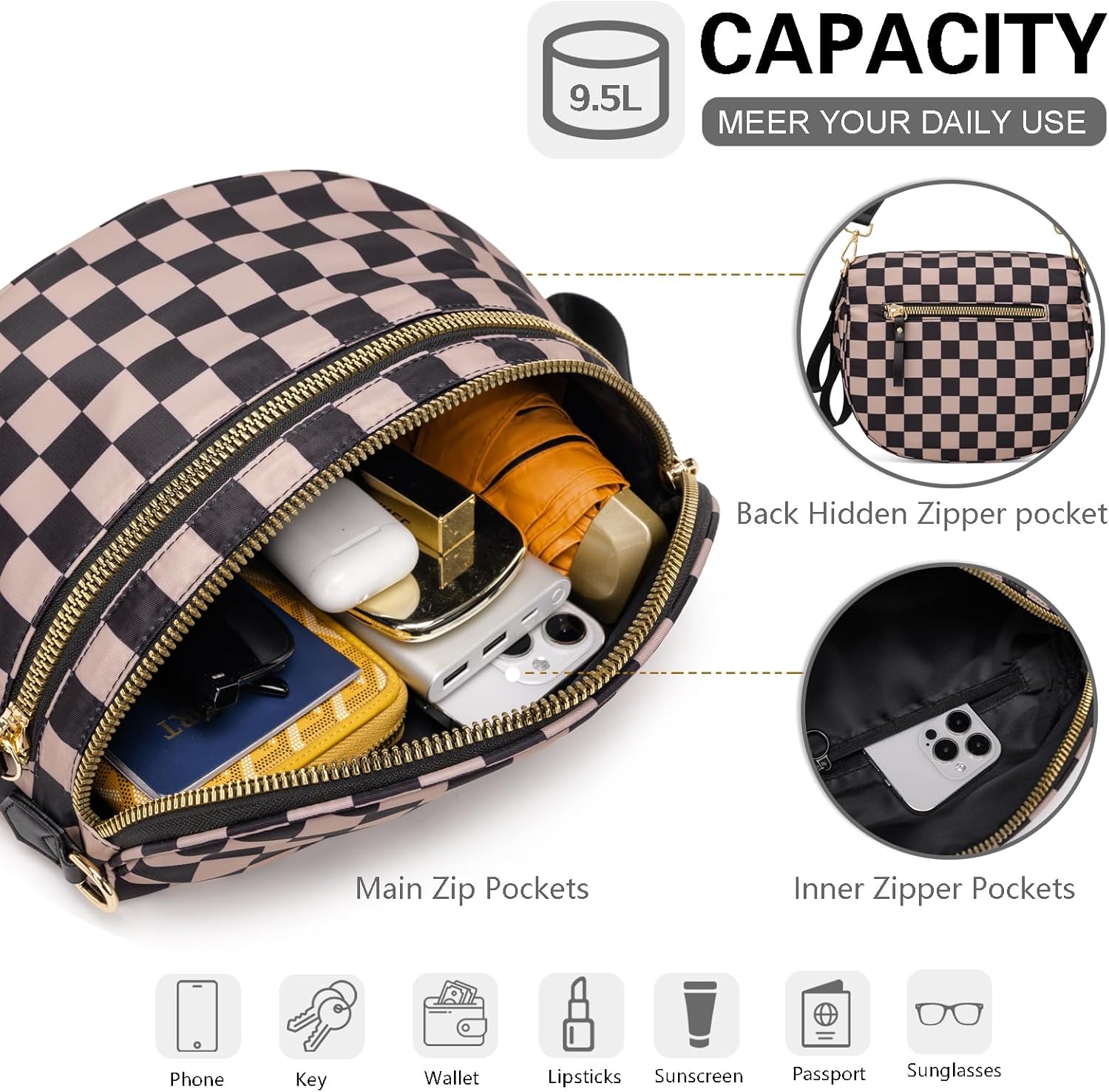 Pure Colour Crossbody Bum Bags for Women Spacious Checkered Cross body Bag Nylon Trendy Fanny Pack for Travel - Image 4