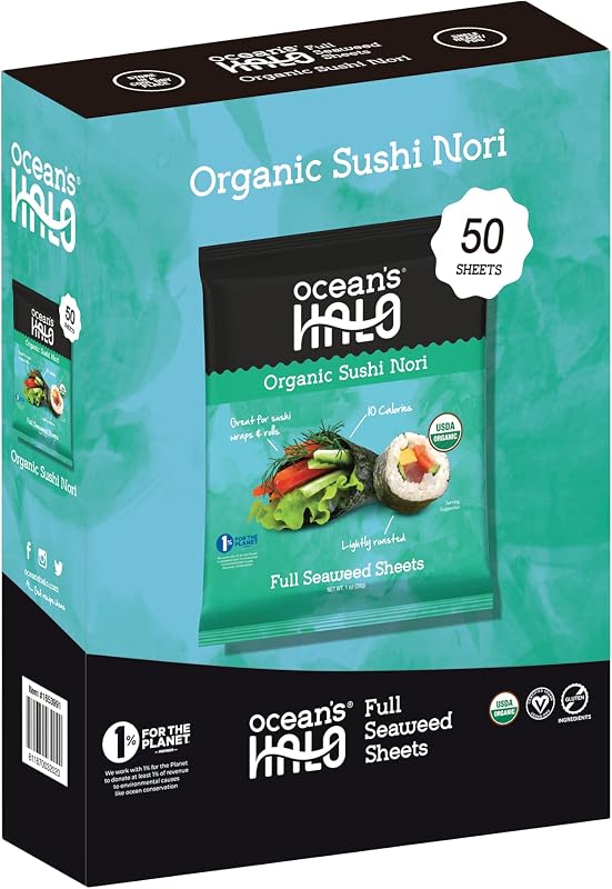 Ocean's Halo Organic Sushi Nori, 5 Pack, Vegan, Perfect for Rolls and Wraps