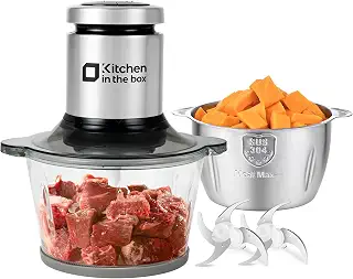 Kitchen in the box フードプロセッサー2L大容量 2種類ボウル ガラスボウル ステンレスボウル 2段階スピード 400w ハイパワー 4枚刃 食洗機対応 離乳食 刻む・混ぜる・おろす(シルバー, 2L+2L)