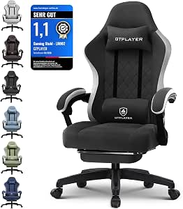 GTPLAYER Gaming Stuhl, ergonomischer Schreibtischstuhl mit Stoffoberfläche, Federsitzkissen, Armlehnen, Fußstütze, 150 kg, hellschwarz
