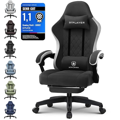 GTPLAYER Gaming Stuhl Ergonomischer Gaming Sessel Schreibtischstuhl mit Stoffoberfläche, Federsitzkissen, Verbindungsarmlehnen und Fußstütze 150KG, hellschwarz