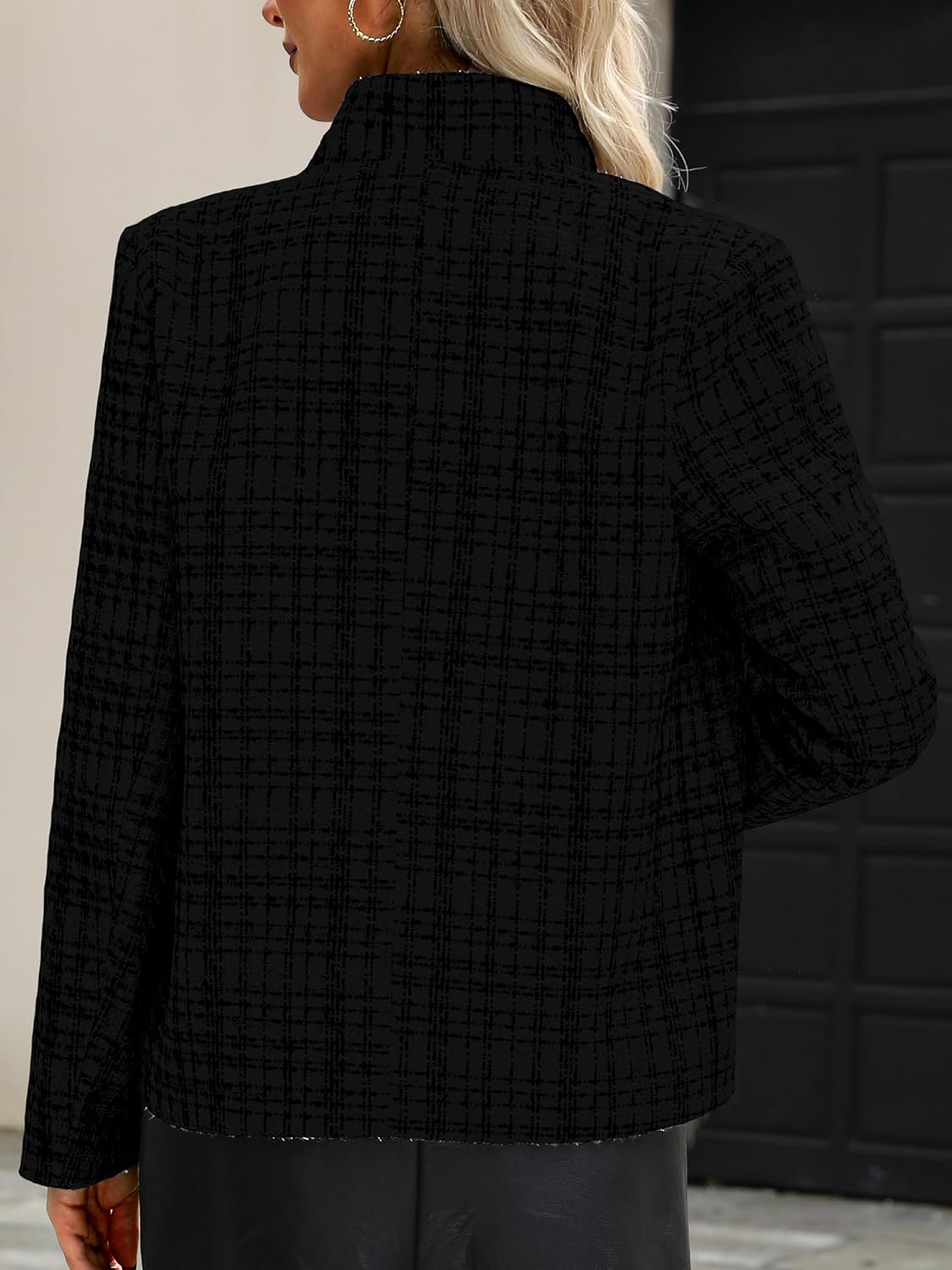 ELLEVEN Womens' Tweed Open Front Blazer Long Sleeve Jacket Notch Collar Fully Lined Casual Business Work Office Coat - Image 2