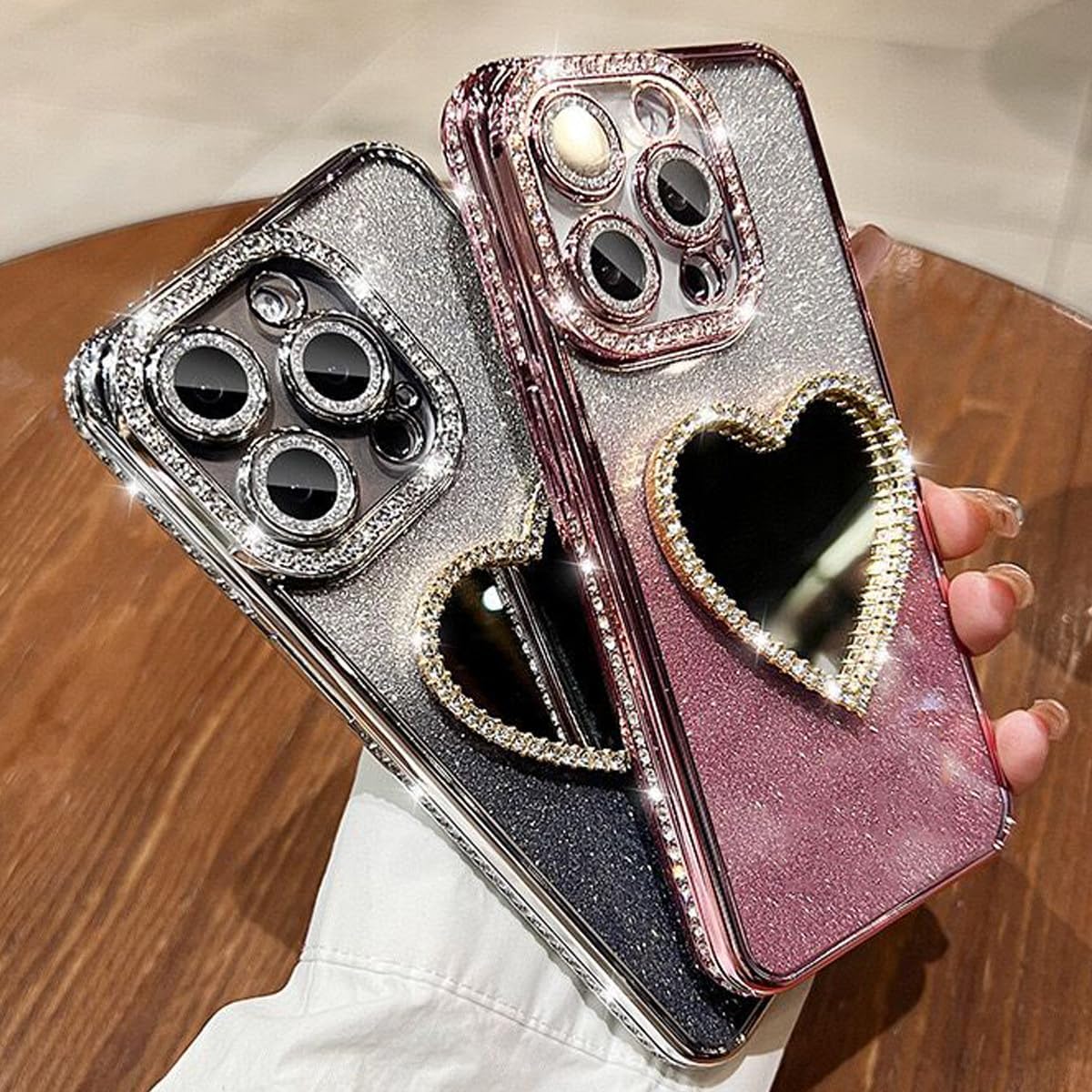 Glitter Mirror Case for iPhone 16, Cute Luxury Diamond Heart Makeup Mirror Bling Sparkly Rhinestone with Camera Protector TPU Plating Bumper Women Girls Phone Case for iPhone 16 6.1" (Silver) - Image 8