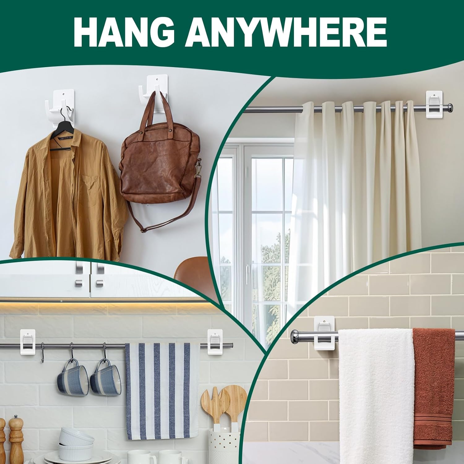 No Drill Curtain Rod Brackets, 2 PCS Self Adhesive Curtain Hooks 20lb, Peel and Stick Wall Hooks, Renter Friendly Upgrades for Apartment, Kitchen, Bathroom, Dorm, Living Room and RV