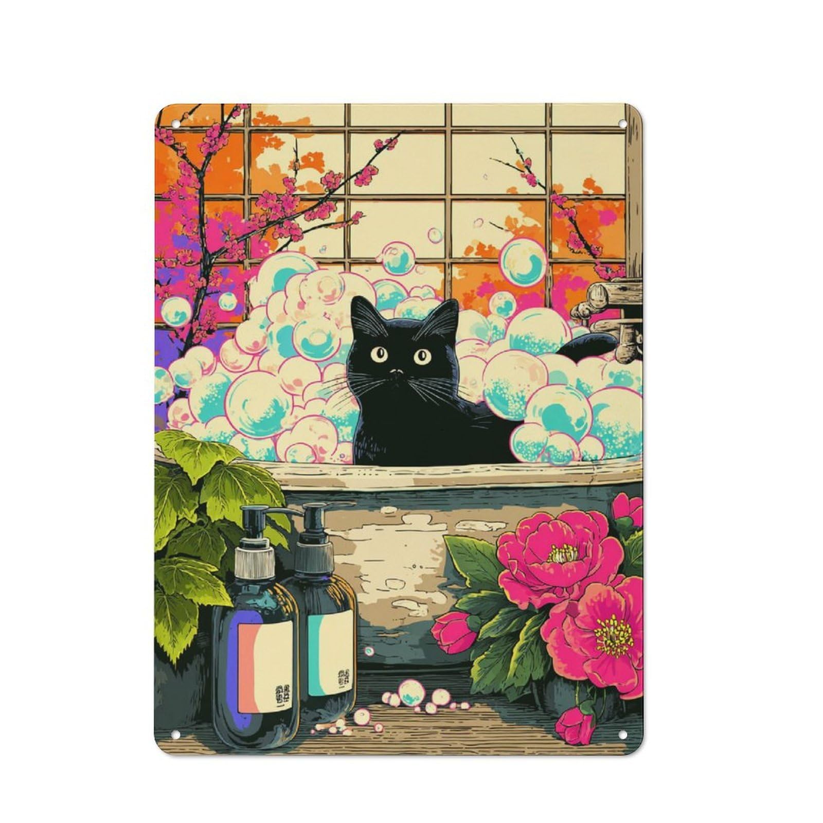 Retro Metal Sign with Charming Bubble Bath Scene with Black Cat Design 40x30cm, Distressed Look Retro Room Decor for Living Room, Hallway, Kitchen Or Cafe