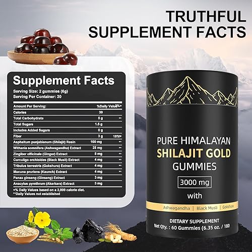 Miniatura 3 de Gomitas Shilajit puras del Himalaya Shilajit, sin azúcar añadida, Ashwagandha y Gokshura, ácido fúlvico y más de 85 minerales traza para hombres,