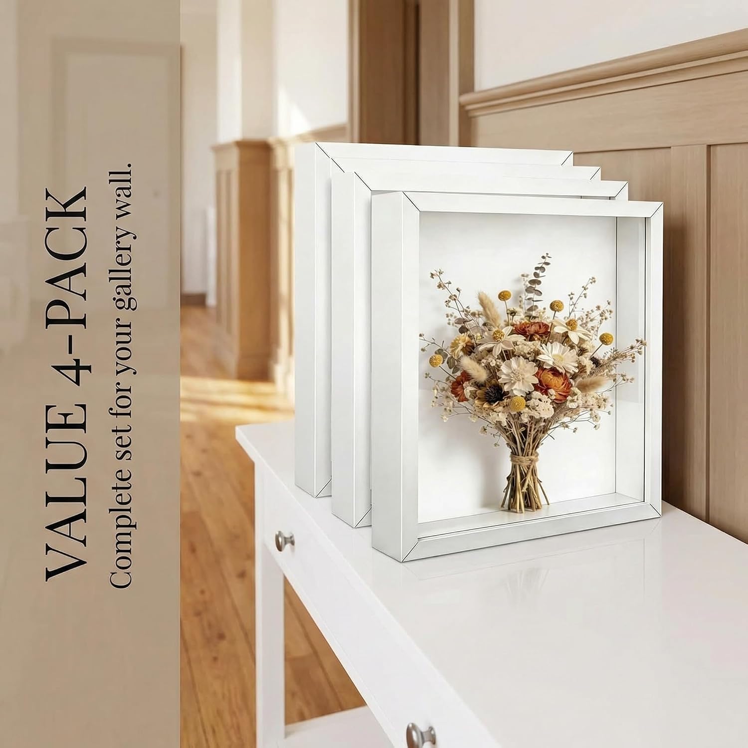 4 Pack Shadow Box Frame Display Cases, 8"x 10" Wood Deep Black Handicrafts Shadowbox for Flowers Jersey Wedding (White)