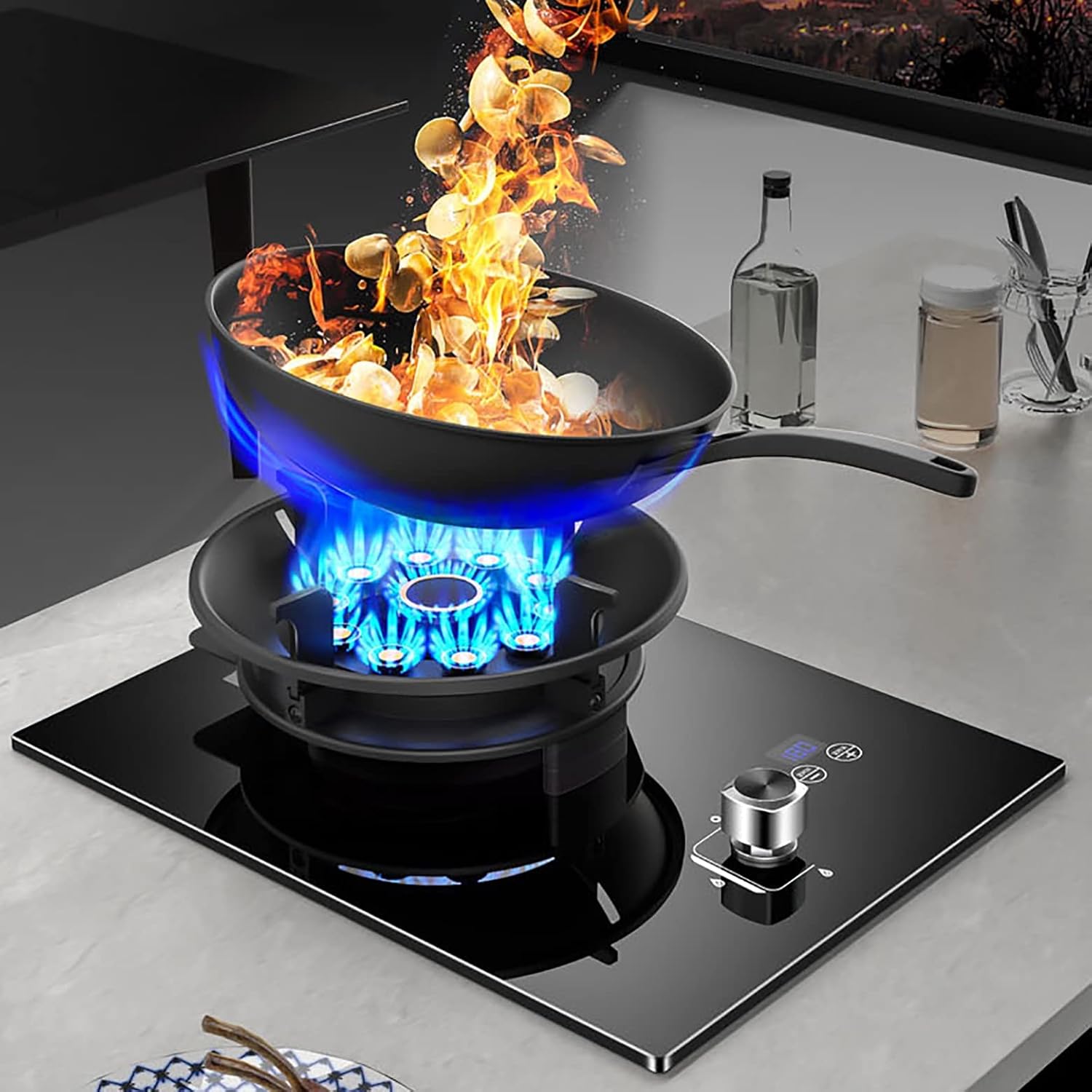 Burner Gas Cooker gas hob 33cm Built-in Cooktops，Cooker With Hobs And Glass Ceramic Zone,Safety Lock,Fashion Design，Suitable For Natural Gas/Propane [Energy Class A](LPG)
