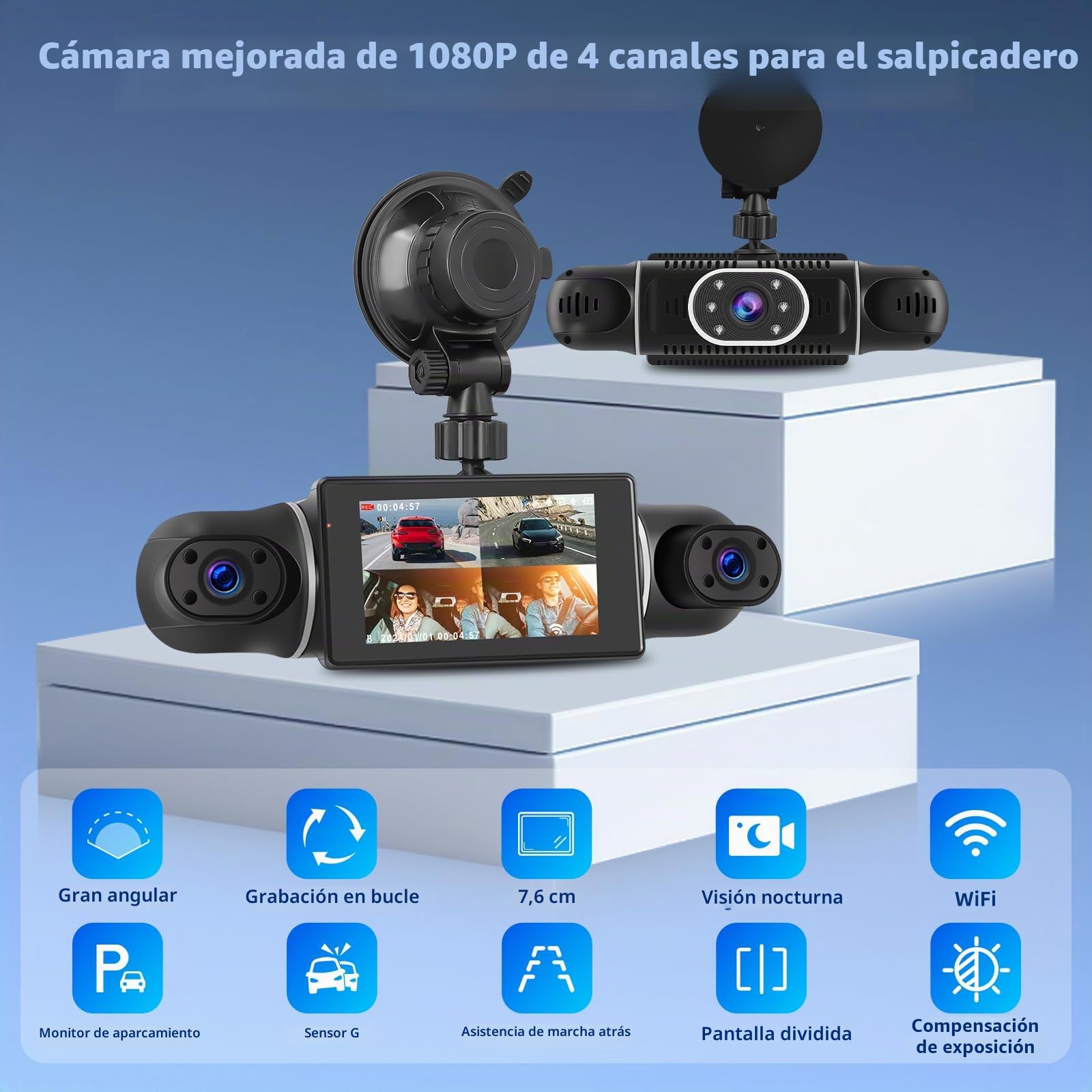 Camara de Salpicadero para Coche, Cámara para Salpicadero de 4 Canales Delante y Detrás, Dashcam Coche con Pantalla IPS de 3 Pulgadas con Visión Nocturna WiFi, Sensor G, Grabación en Bucle