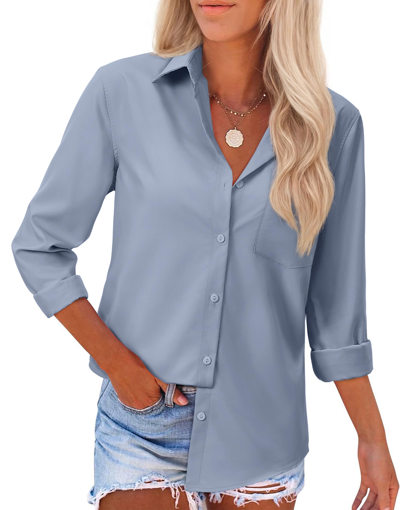 siliteelon Button Down Shirts for Women Dress Shirts Long Sleeve Wrinkle Free Work Office Fitted Cotton Blouse Tops