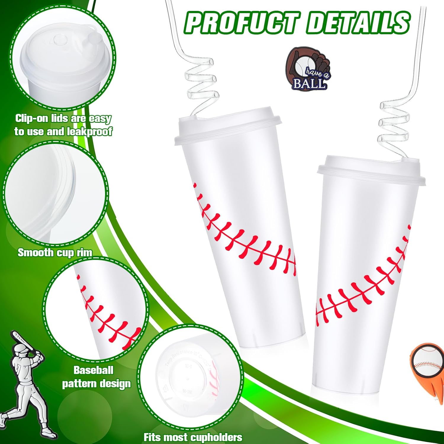 2 50 Sets Baseball Plastic Tumbler with Lid and Straw Stickers Baseball Cups 24 oz Reusable Plastic Stadium Cups Party Favors for Coach Men Women Gifts Travel Birthday Sport Event - Image 4