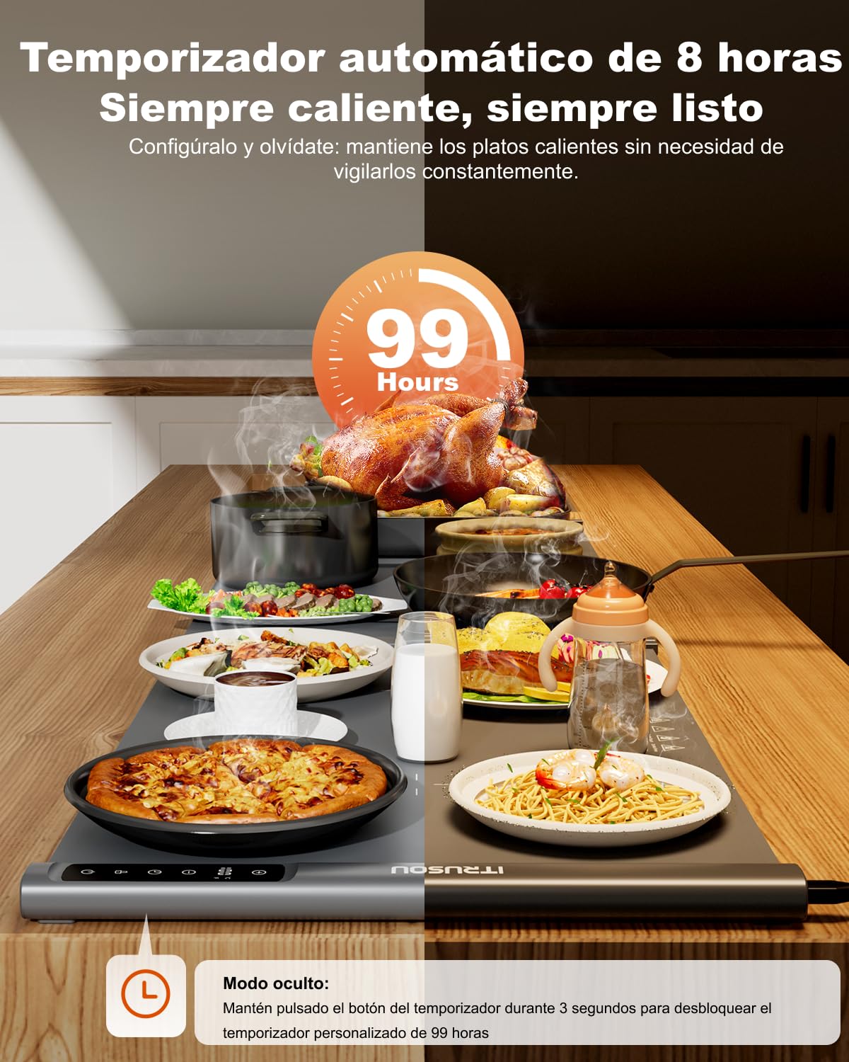 Alfombrilla térmica extensible de silicona 106x40 cm – 7 ajustes de temperatura, conmutable ℃/℉, temporizador 99H, bloqueo infantil – 2 paneles tamaños personalizables para eficiencia energética