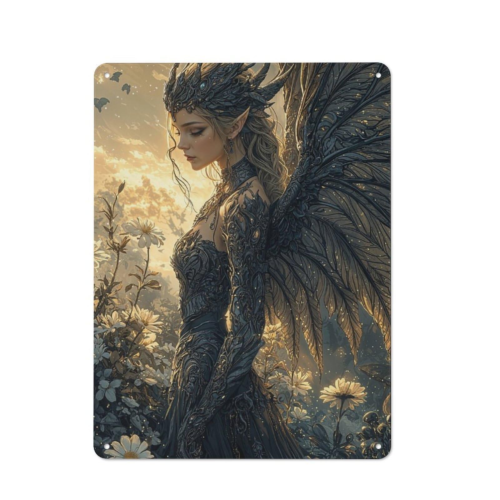 Junmoney Dark Angel In Bloom Simple Retro Tin Sign 40X30cm Featuring Studio Wall Plaque For Office, Study, Studio Or Hallway