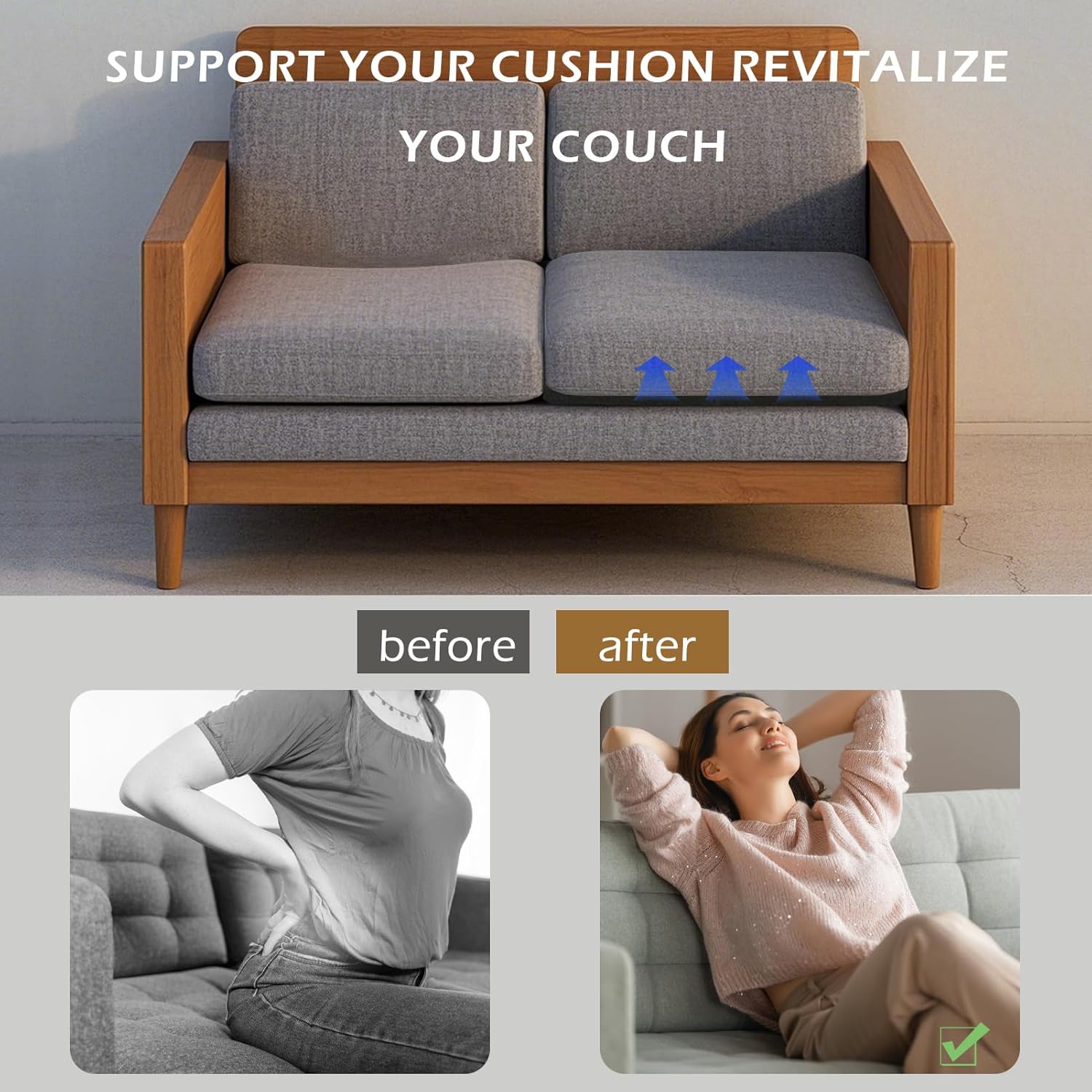 Couch Cushions Support for Sagging Seat, 45D High Density Foam Curved Sofa Furniture Seat Cushion Under Sag Repair for Sectional Loveseat Chair, Set of 3, White, 22" x 22" x 2.4"